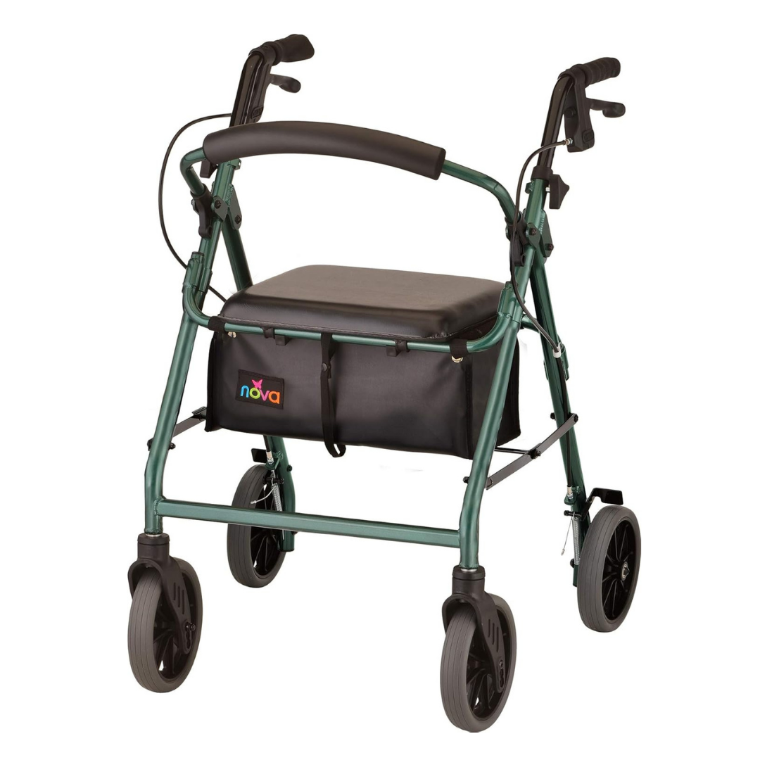The Nova Medical Zoom Rollator Rolling Walker offers 4 size options and features a green frame, four wheels, padded seat, black storage pouch, hand brakes, adjustable handles, and Lock n’ Load mechanism for mobility assistance.